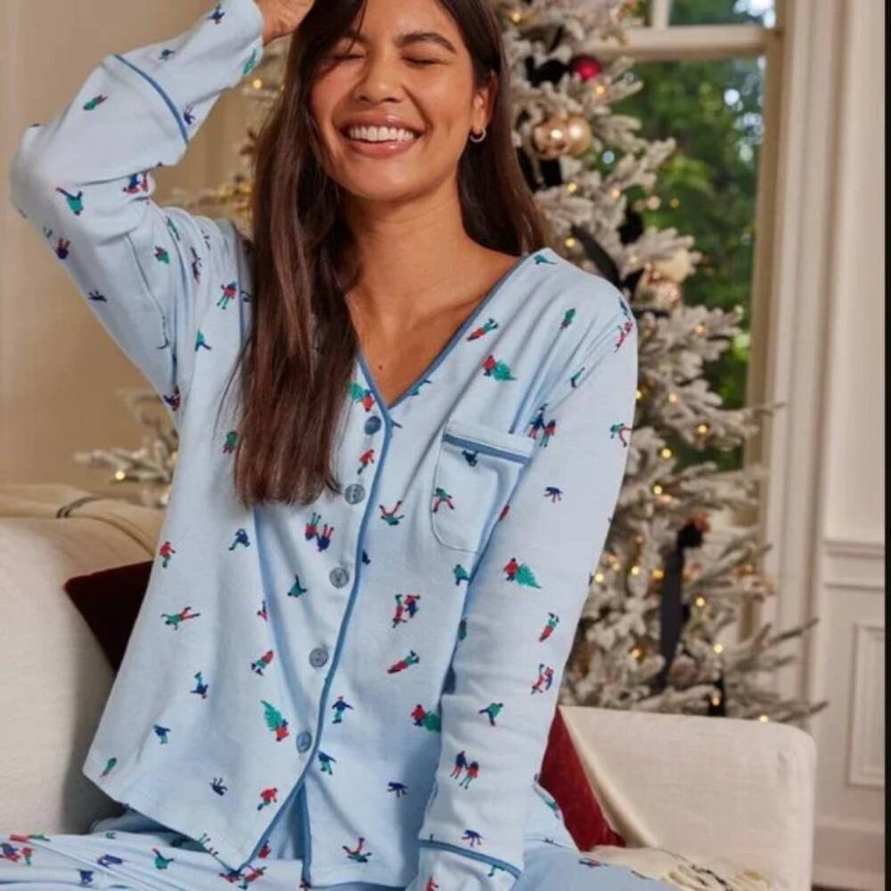 Summersalt Snow Day pajama top blue cotton button up v-neck lounge sleep cozy